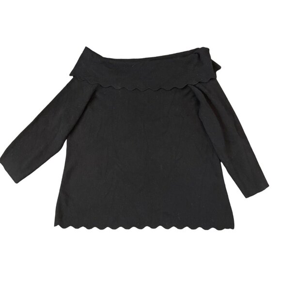 Cable & Gauge Black Off Shoulder Scalloped Hem Long Sleeve Knit Sweater Top Sz L - Picture 1 of 11